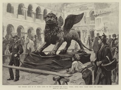 Le Lion ailé de Saint-Marc allongé sur la Piazzetta San Marco, Venise, après avoir été descendu pour réparations - Samuel Melton Fisher
